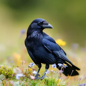 Dark Bird in a Floral Meadow