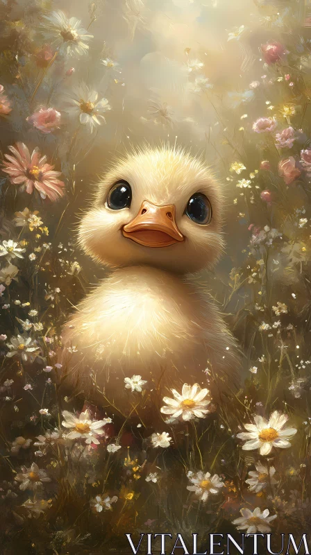 Fluffy Duckling in a Blooming Meadow AI Image