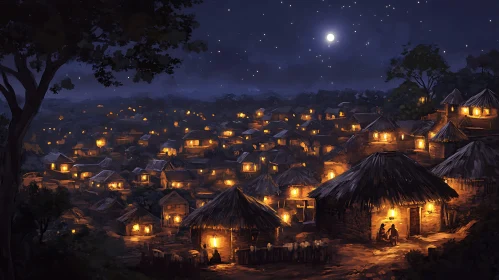 Moonlit Village at Night