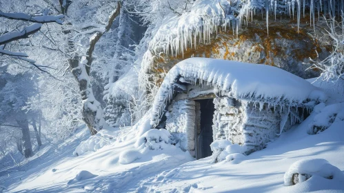 Enchanting Stone House in a Snowy Forest