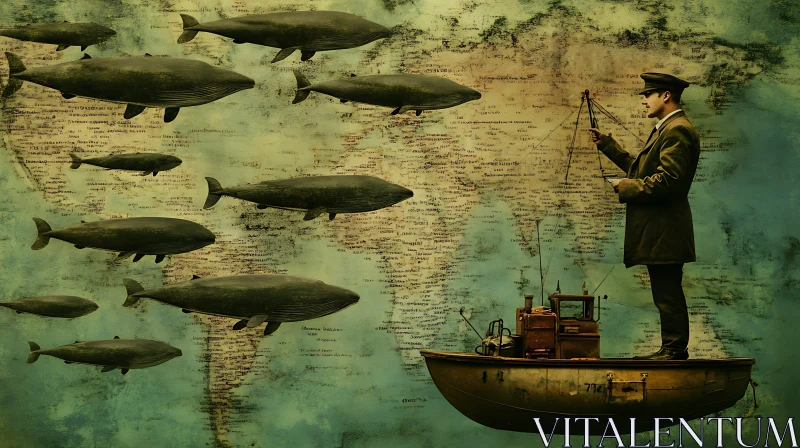 Vintage Map with Whales and Captain AI Image
