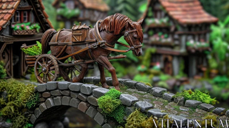 Fantasy Sculpture: Horse with Cart on Wooden Bridge AI Image