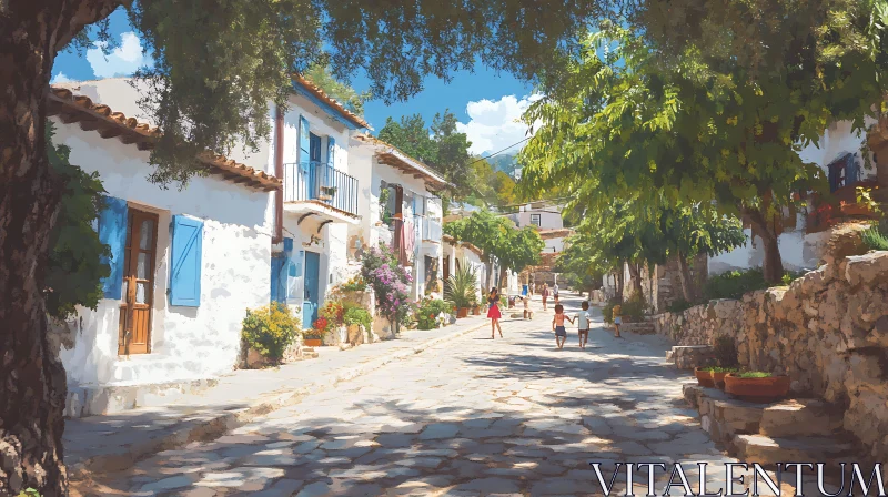 Picturesque Town Street with White Washed Buildings AI Image