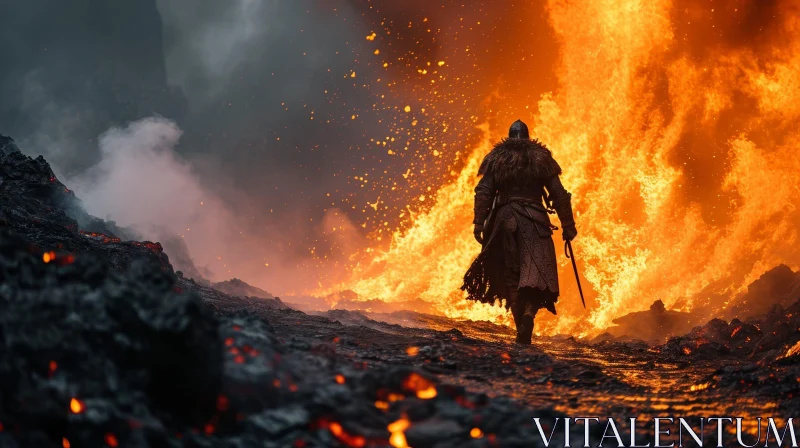 Knight in Armor Confronts Volcanic Peril - A Captivating Image AI Image