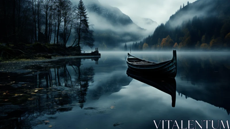 Misty Gothic Landscape with Rowboat on Serene Lake AI Image