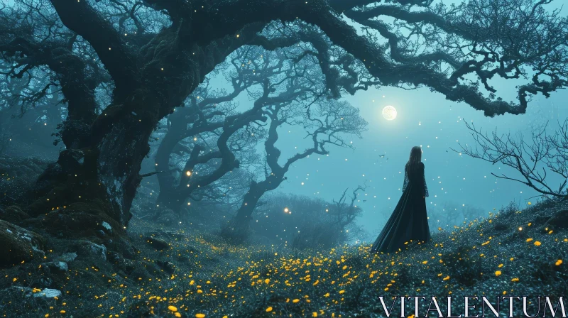 Mystical Forest with Full Moon and Enigmatic Woman AI Image