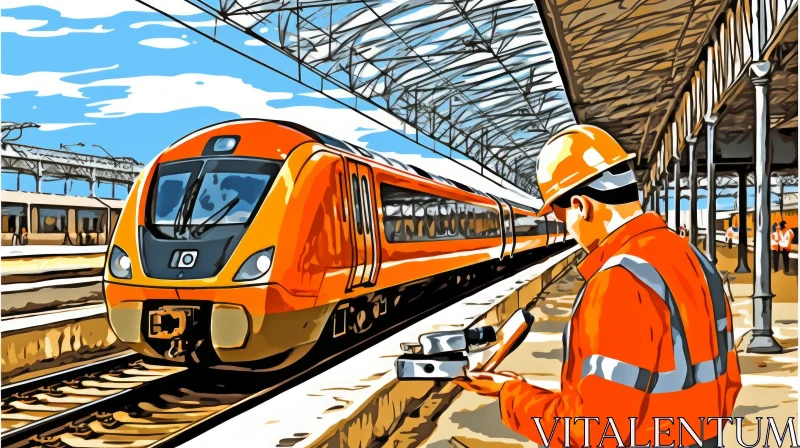 Orange Train and a Man in an Orange Safety Vest | Contemporary British Art AI Image
