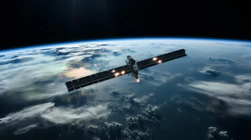 Satellite in Space Flying Over Earth and Planet - Vray Tracing Art