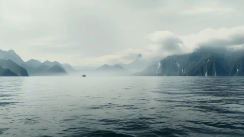 Serene Boat Journey Amidst Foggy Mountains