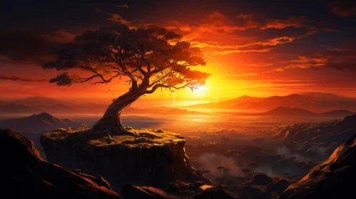 Sunset Anime Art with African Influence: Lone Tree on Cliff