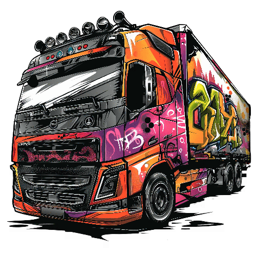 Urban Art on Orange Volvo Semi-Truck - Graffiti Showcase POD Design