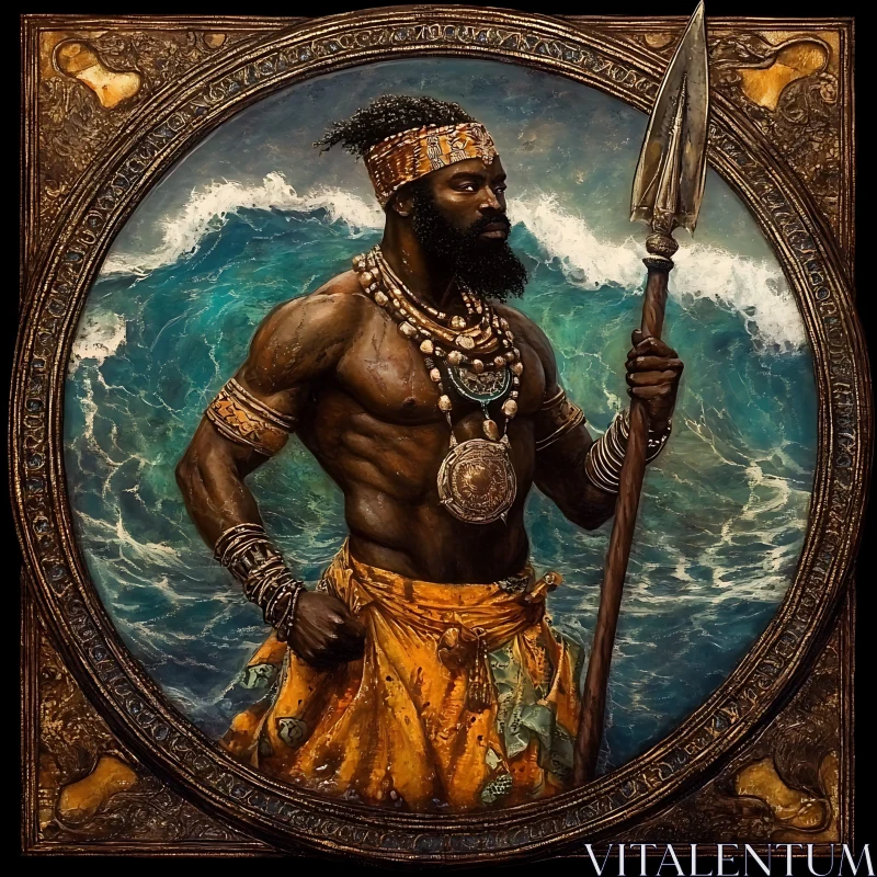 Golden Warrior with Spear by the Sea AI Image