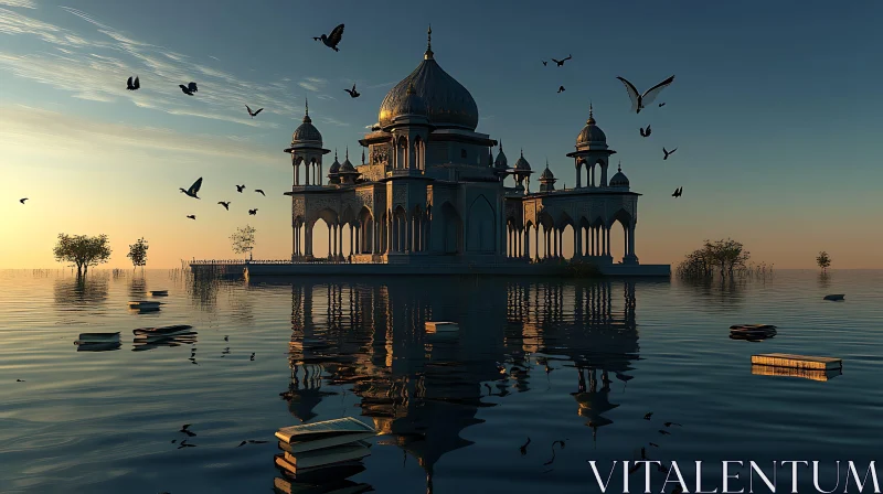 AI ART Temple in Water with Birds