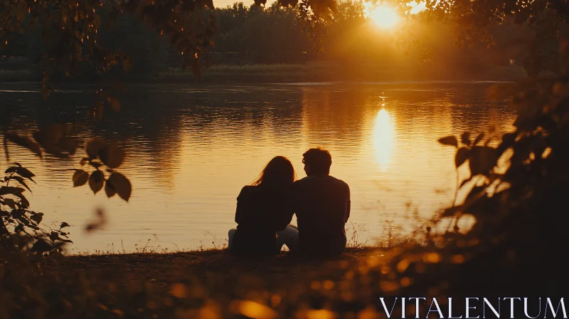 Couple Watching Sunset over Lake AI Image