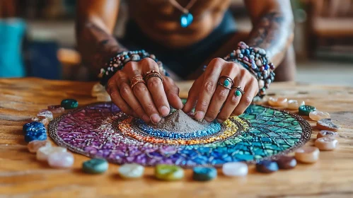 Hands Arranging Sand on Colorful Mandala