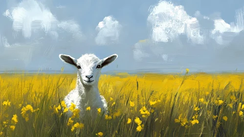 Lamb in a Field of Yellow Blossoms