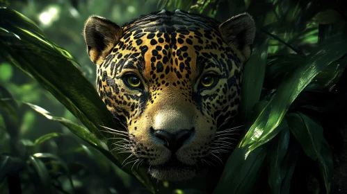 Jaguar in Greenery Close-Up