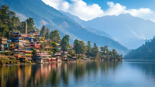 Scenic Lakeside Village in the Mountains