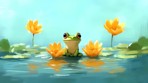 Frog and Flowers in a Pond
