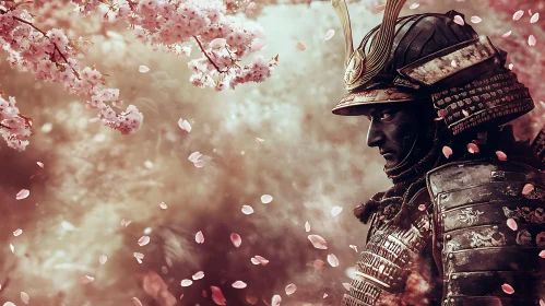 Armored Samurai with Falling Cherry Blossoms