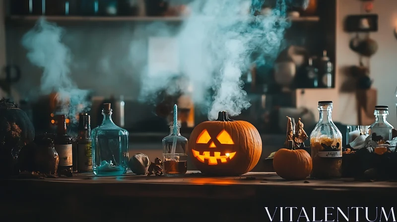 AI ART Spooky Pumpkin and Bottles Composition