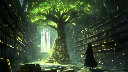 A woman in a library with a tree