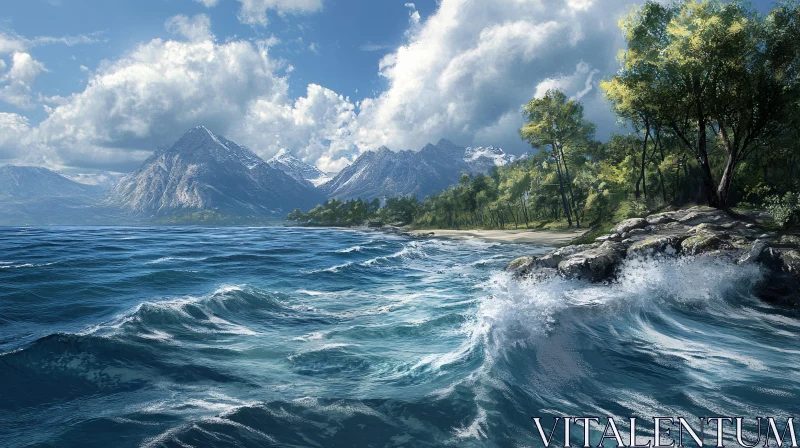 AI ART Majestic Seaside Vista with Mountain and Forest Backdrop