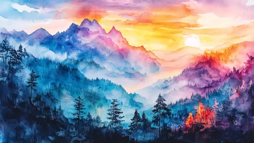 Serene Mountain Vista in Watercolor