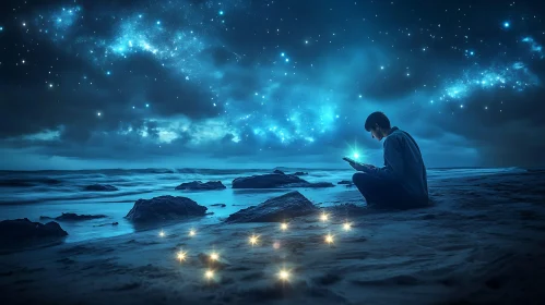 Night Reader on a Starry Beach