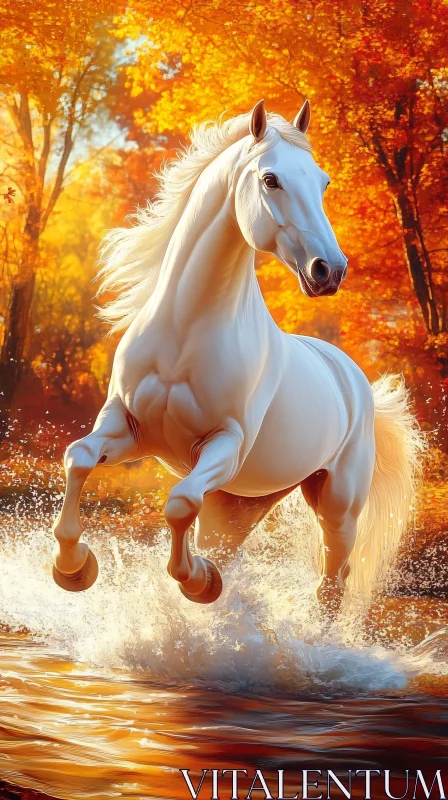 Graceful Horse Galloping Through Autumn Waters AI Image