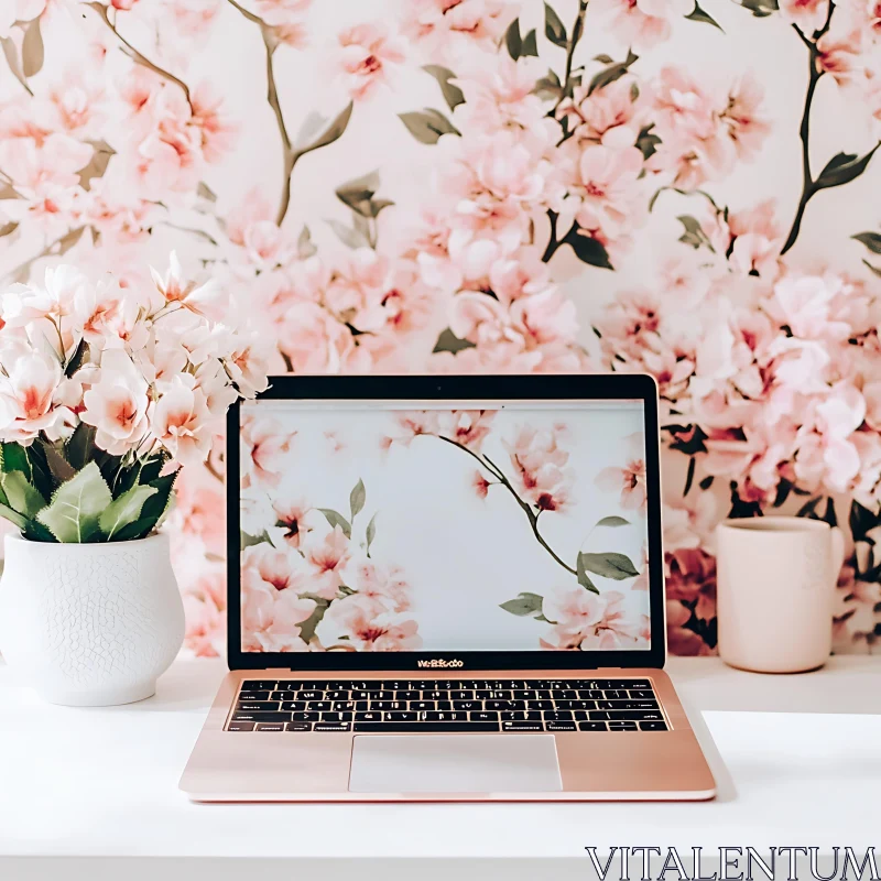 Elegant Floral Themed Workspace Setup AI Image