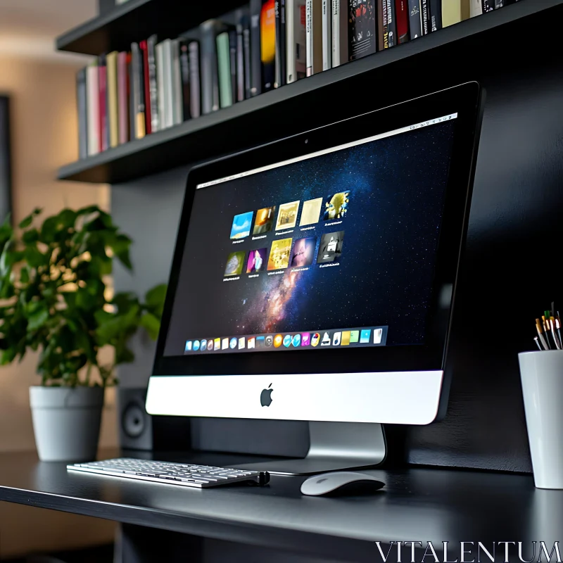 Sleek Office Workspace with Desktop Computer and Bookshelf AI Image