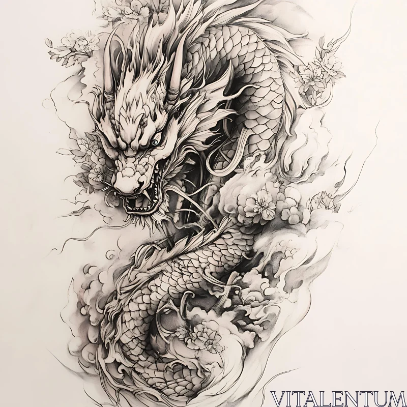 AI ART Dragon Among Flowers: A Monochrome Drawing