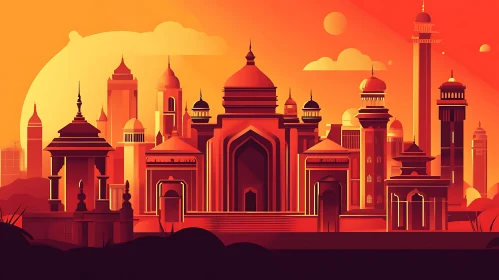 Stylized Sunset Cityscape in Orange and Red