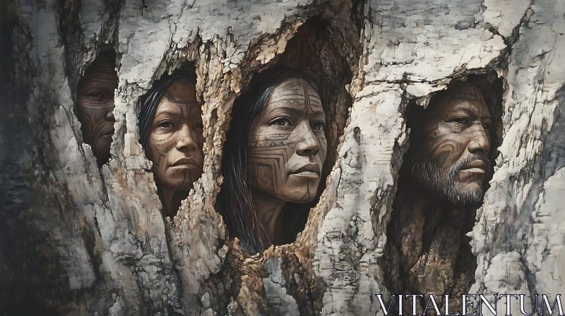 Tribal Faces Emerging from Tree Bark AI Image