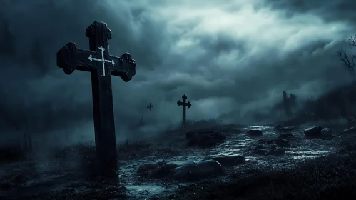 Misty Graveyard at Night