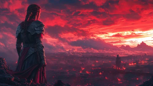 Armored Warrior Overlooking Fiery Landscape