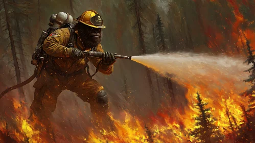 Brave Firefighter Fighting Raging Forest Fire
