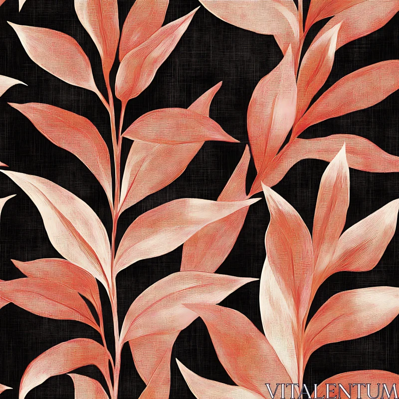 Botanical Art with Coral Leaves and Dark Texture AI Image