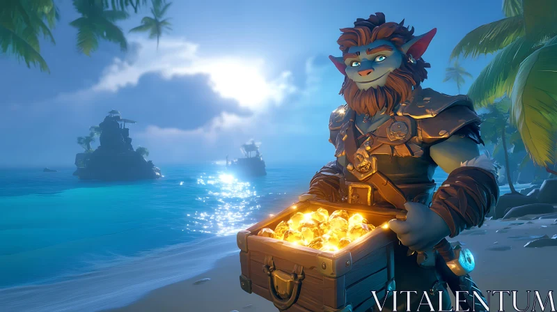 AI ART Island Troll with Chest of Gold