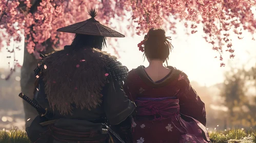 Couple in Kimono beneath Blooming Trees