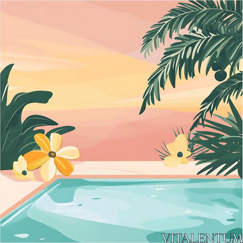 AI ART Serene Tropical Pool Scene with Flowers