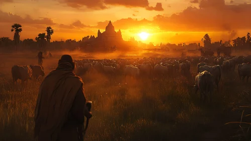 Serene Sunset Scene with Monk and Cattle