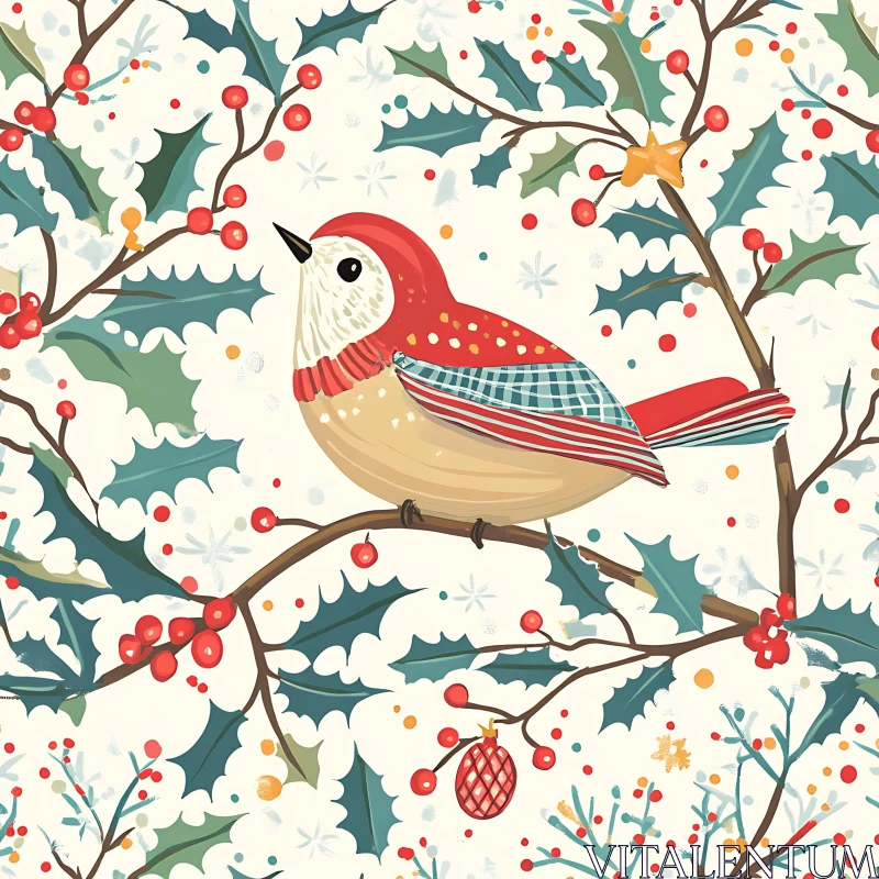 Christmas Bird with Berries Illustration AI Image