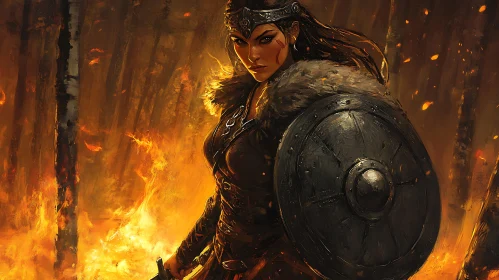 Warrior Woman with Shield in Burning Forest