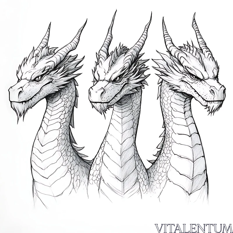 AI ART Monochrome Dragon Trio Illustration