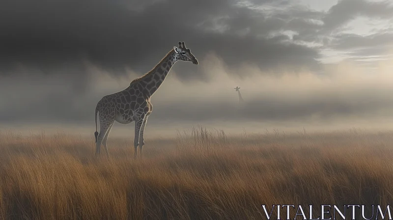 AI ART Misty Dawn with Giraffes