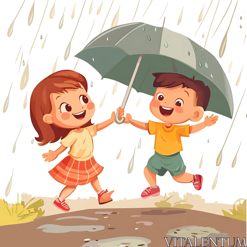 Cartoon Children Sharing Umbrella AI Image