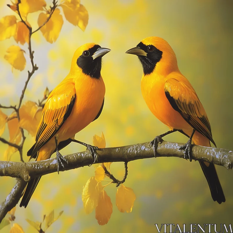 Two Yellow Birds on Branch AI Image