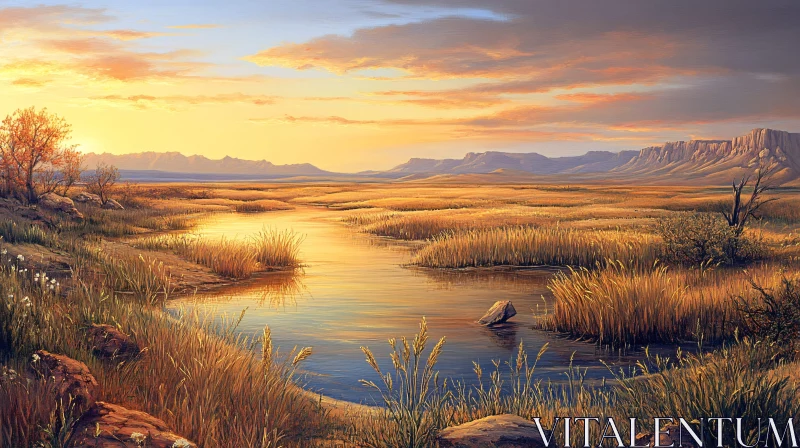 AI ART Golden Sunset Landscape with Grassland River